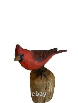 1 Vintage Peter Peltz Carved & Painted Wood Folk Art Red Cardinal Bird Signed