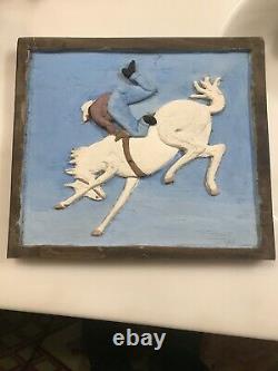 20TH C Mid WESTERN FOLK ART Carving Cowboy Getting Bucked Off Signed N Rowe