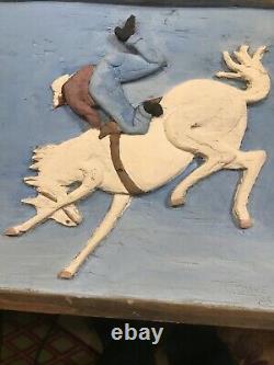 20TH C Mid WESTERN FOLK ART Carving Cowboy Getting Bucked Off Signed N Rowe