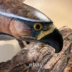 20 VTG Folk Art Hand Carved & Painted Eagle Bird Sculpture Drift Wood Base