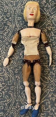 28 Hand Carved Wooden Folk Art Artist Made Marionette WPA Period 1930s Actress