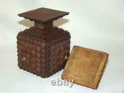 2 ANTIQUE Primitive FOLK Carved Wood TRAMP ART Pyramid Pedestal Lidded Boxes