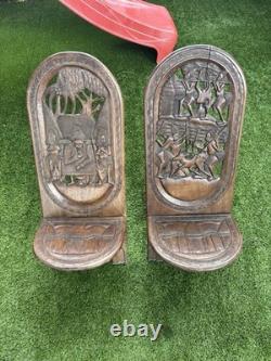 2 African Palaver Tribal Birthing Chieftan Chair Folk Art Carved TWIN ELEPHANT