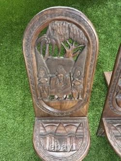 2 African Palaver Tribal Birthing Chieftan Chair Folk Art Carved TWIN ELEPHANT
