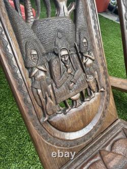 2 African Palaver Tribal Birthing Chieftan Chair Folk Art Carved TWIN ELEPHANT