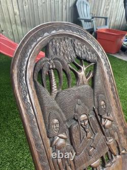 2 African Palaver Tribal Birthing Chieftan Chair Folk Art Carved TWIN ELEPHANT