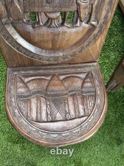 2 African Palaver Tribal Birthing Chieftan Chair Folk Art Carved TWIN ELEPHANT