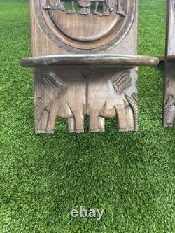 2 African Palaver Tribal Birthing Chieftan Chair Folk Art Carved TWIN ELEPHANT