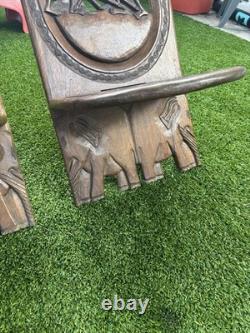 2 African Palaver Tribal Birthing Chieftan Chair Folk Art Carved TWIN ELEPHANT