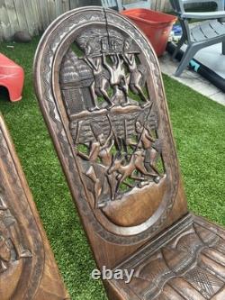2 African Palaver Tribal Birthing Chieftan Chair Folk Art Carved TWIN ELEPHANT