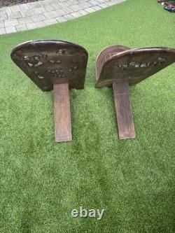 2 African Palaver Tribal Birthing Chieftan Chair Folk Art Carved TWIN ELEPHANT
