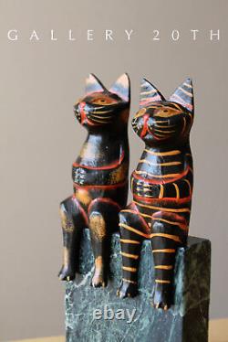 2 Cute! Mexican Folk Art Cat Sculptures! Vtg Wood Pair Polychrome Black 50's