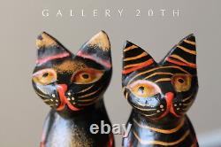2 Cute! Mexican Folk Art Cat Sculptures! Vtg Wood Pair Polychrome Black 50's