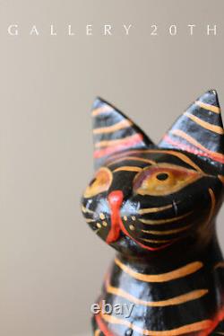 2 Cute! Mexican Folk Art Cat Sculptures! Vtg Wood Pair Polychrome Black 50's