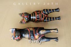 2 Cute! Mexican Folk Art Cat Sculptures! Vtg Wood Pair Polychrome Black 50's
