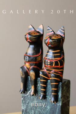 2 Cute! Mexican Folk Art Cat Sculptures! Vtg Wood Pair Polychrome Black 50's