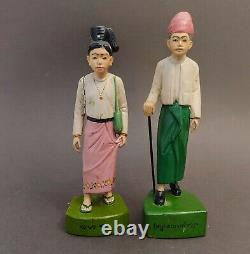 2 Folk Art Asian Figures Statue Hand Carved Wood Sculpture Burma Indonesia