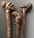 (2) Folk Art Carved Wooden Hobo Canes Walking Sticks + Parrot Bird Handle, 1900s