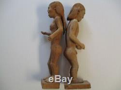 2 Large Vintage Wood Sculptures Carvings Folk Art Ada And Eve Mexico Naive