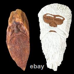 2 Primitive BIGFOOT Folk Art Hand Carved Wood SASQUATCH Face Signed ODIS HUDGINS