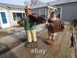(2) Primitive Wood Folk Art Figure Accordion & Violinist Hand Painted & Carved