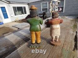 (2) Primitive Wood Folk Art Figure Accordion & Violinist Hand Painted & Carved