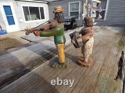 (2) Primitive Wood Folk Art Figure Accordion & Violinist Hand Painted & Carved