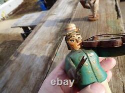 (2) Primitive Wood Folk Art Figure Accordion & Violinist Hand Painted & Carved