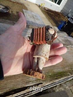 (2) Primitive Wood Folk Art Figure Accordion & Violinist Hand Painted & Carved