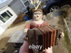 (2) Primitive Wood Folk Art Figure Accordion & Violinist Hand Painted & Carved