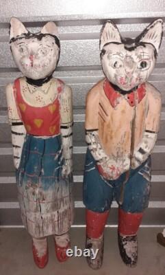 2 Very Unique Large Vintage Folk Art Polychrome Hand Painted Wooden Cats