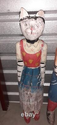 2 Very Unique Large Vintage Folk Art Polychrome Hand Painted Wooden Cats