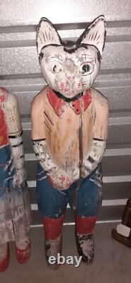 2 Very Unique Large Vintage Folk Art Polychrome Hand Painted Wooden Cats