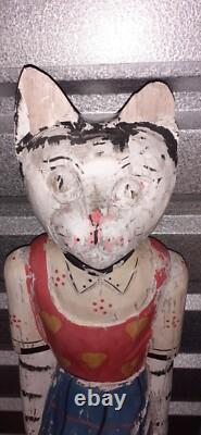 2 Very Unique Large Vintage Folk Art Polychrome Hand Painted Wooden Cats