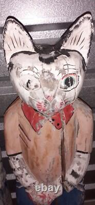 2 Very Unique Large Vintage Folk Art Polychrome Hand Painted Wooden Cats