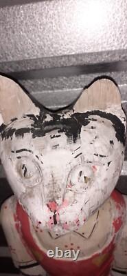 2 Very Unique Large Vintage Folk Art Polychrome Hand Painted Wooden Cats