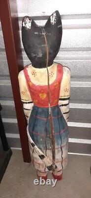 2 Very Unique Large Vintage Folk Art Polychrome Hand Painted Wooden Cats