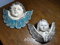 2 Wooden Hand Carved PUTTI ANGEL CHERUB TWO LOT Face MIX Wings Folk Art Plaques