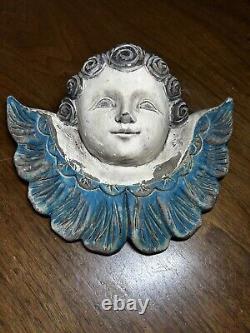2 Wooden Hand Carved PUTTI ANGEL CHERUB TWO LOT Face MIX Wings Folk Art Plaques