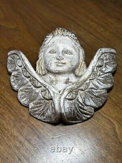 2 Wooden Hand Carved PUTTI ANGEL CHERUB TWO LOT Face MIX Wings Folk Art Plaques
