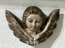 2 Wooden Hand Carved PUTTI ANGEL CHERUB TWO LOT Face MIX Wings Folk Art Plaques