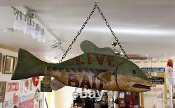 32 Folk Art CARVED FISH Fishing Store Sign LIVE BAIT Advertising Collectible