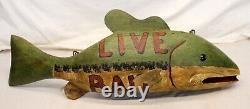 32 Folk Art CARVED FISH Fishing Store Sign LIVE BAIT Advertising Collectible