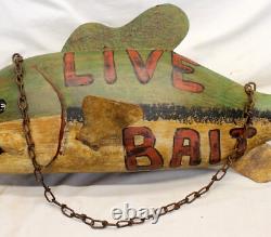 32 Folk Art CARVED FISH Fishing Store Sign LIVE BAIT Advertising Collectible