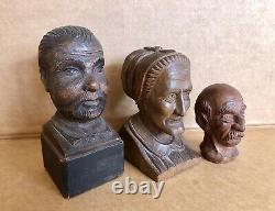 3 Antique Folk Art Primitive Carved Hardwood Heads, Busts, Old People