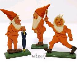 3 Antique Gnome Dwarf Elf Carved Wood Toy Flat Figurine Fretwork German Folk Art