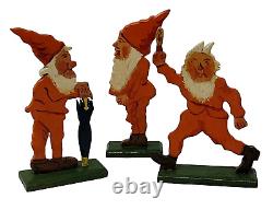 3 Antique Gnome Dwarf Elf Carved Wood Toy Flat Figurine Fretwork German Folk Art