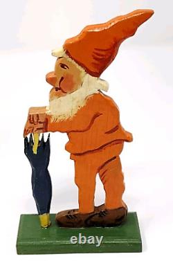 3 Antique Gnome Dwarf Elf Carved Wood Toy Flat Figurine Fretwork German Folk Art