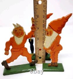 3 Antique Gnome Dwarf Elf Carved Wood Toy Flat Figurine Fretwork German Folk Art