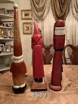 3-Hand Carved Wood, 20, Santa Claus'. Carved/Painted VTG-Christmas Folk Art BIG
